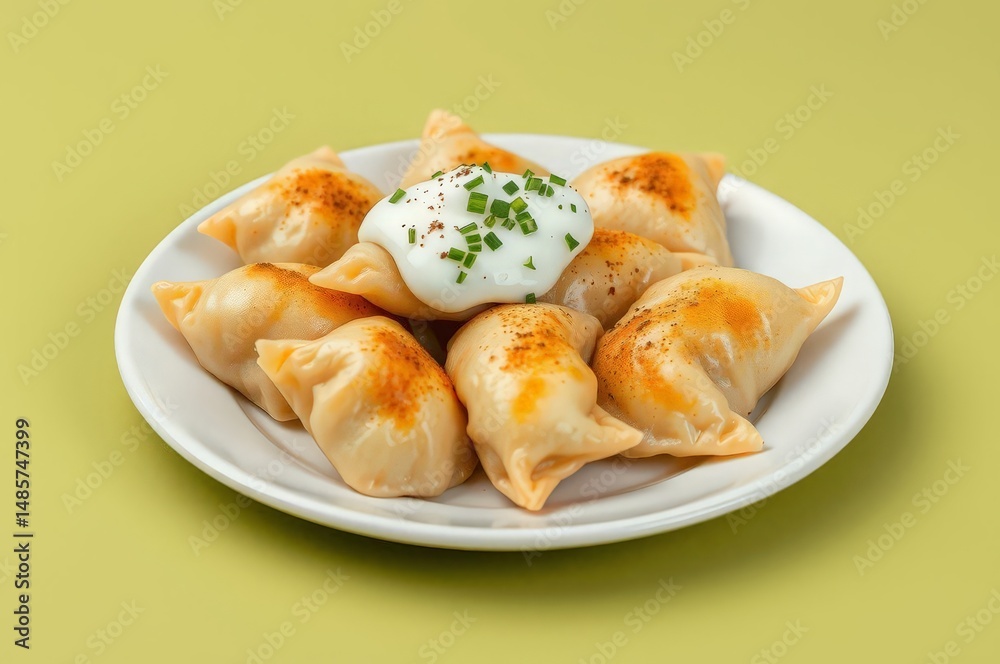 Pierogi with Sour Cream on Olive Background Pierogi with Sour Cream on Olive Background