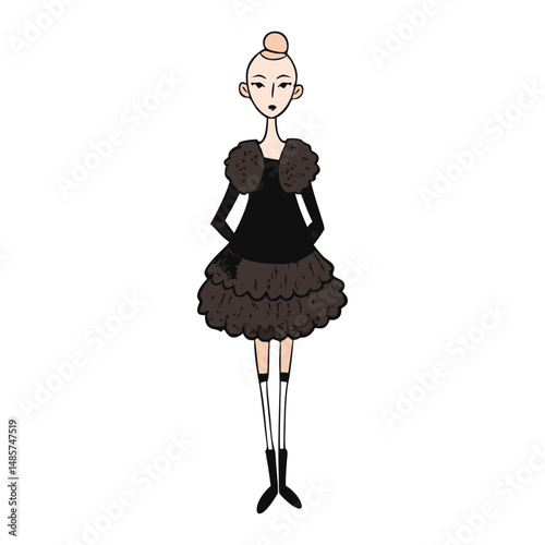 A stylish model channels princess vibes in a fluffy dress, black sweater, and sleek heels—blending elegance and edge with a fairytale twist.
