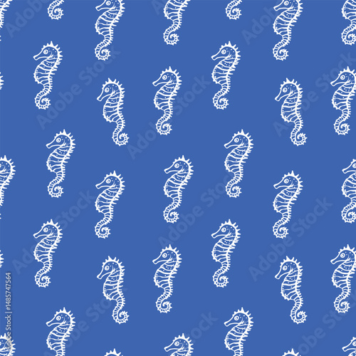 Vector seamless hand drawn pattern with white seahorses on blue background