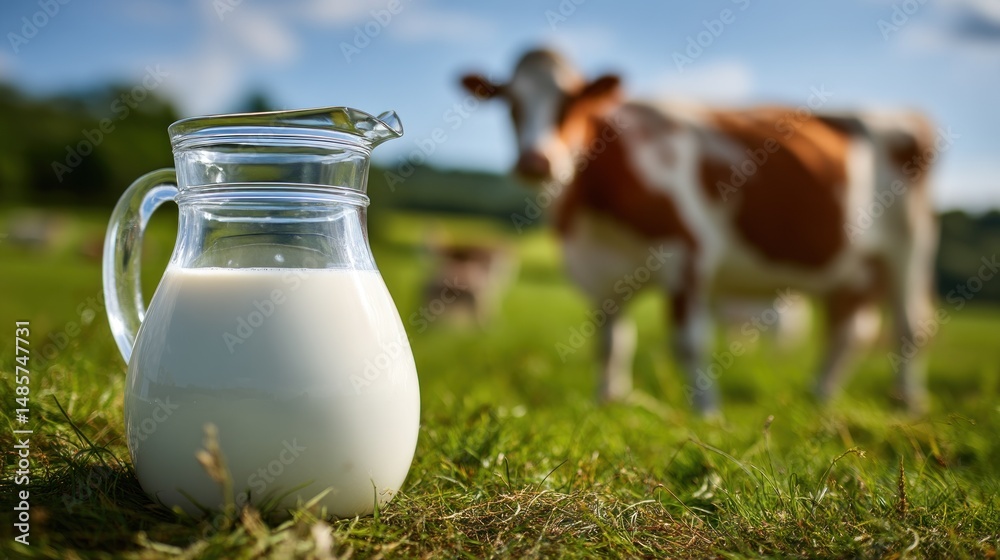 Fresh Milk Jug Next to Cow in Lush Green Pasture Under Blue Sky Fresh Milk Jug Next to Cow in Lush Green Pasture Under Blue Sky