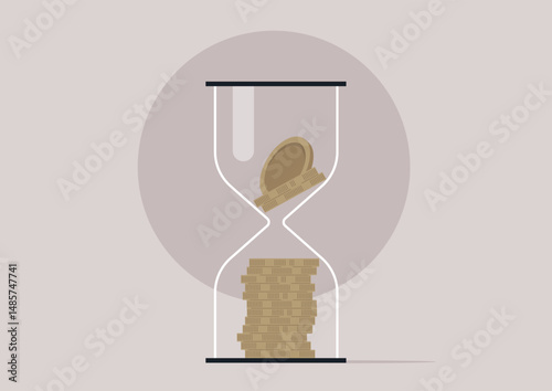 Metal coins resting elegantly within a transparent hourglass, showcasing the blend of time and value in an artistic representation