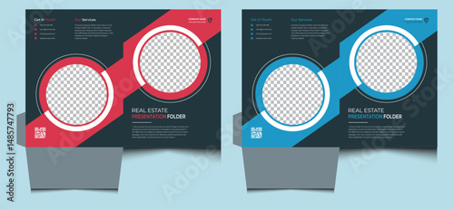 Simple minimal clean creative corporate editable elegant modern professional company business construction home house sale real estate presentation cover file folder design template blue red color.