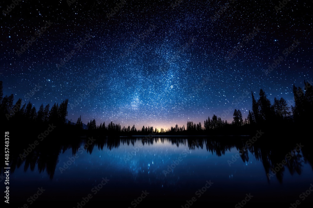 Fototapeta premium Starry night sky reflected in tranquil lake waters.