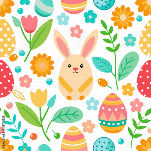 Cute Easter pattern with bunnies, eggs, flowers, and leaves
