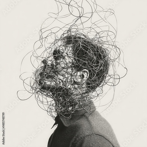 Person with Head Wrapped in Tangled Wires, Anxiety Concept
