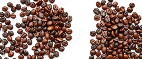 Heart shaped arrangement of dark roasted coffee beans on white background, aroma, hot