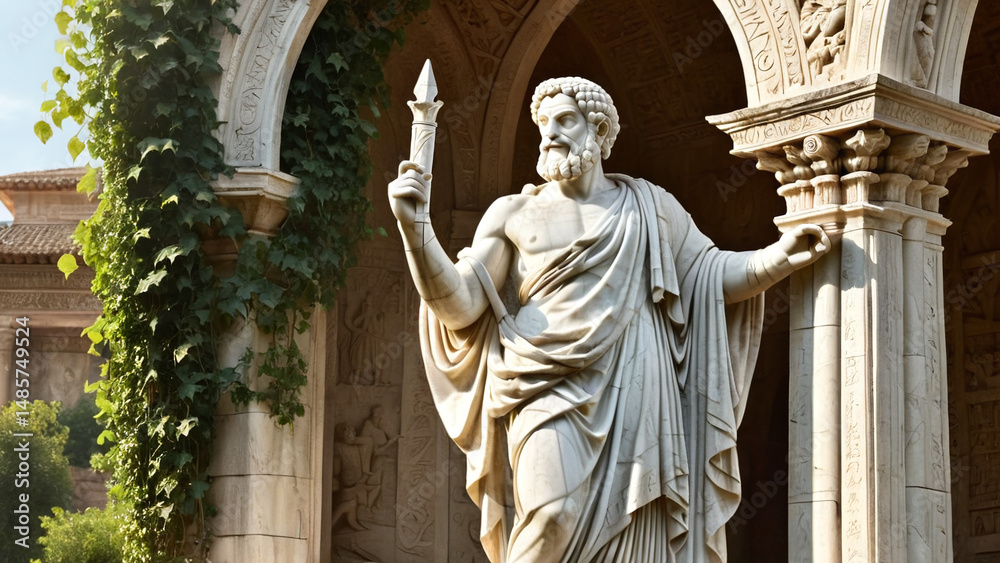 Obraz premium Classical Statue in a Tranquil Garden of Arches and Ancient Wisdom