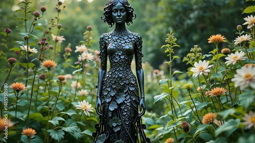 A fantasy character in black artistic armor standing in a forest garden, portraying mythical, fantasy, cosplay or dramatic storytelling in a magical natural environment