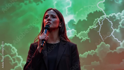 A female speaker holding a microphone with lightning in the background, representing powerful speech, motivation or dramatic presentation visuals
