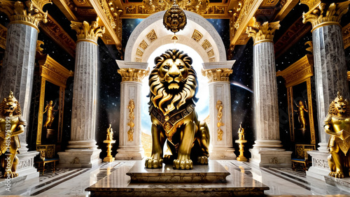 Golden Lion Reigns Beneath Cosmic Skies in a Palace of Marble and Myth