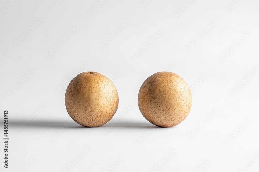 Two pale, speckled, round fruits on white Two pale, speckled, round fruits on white