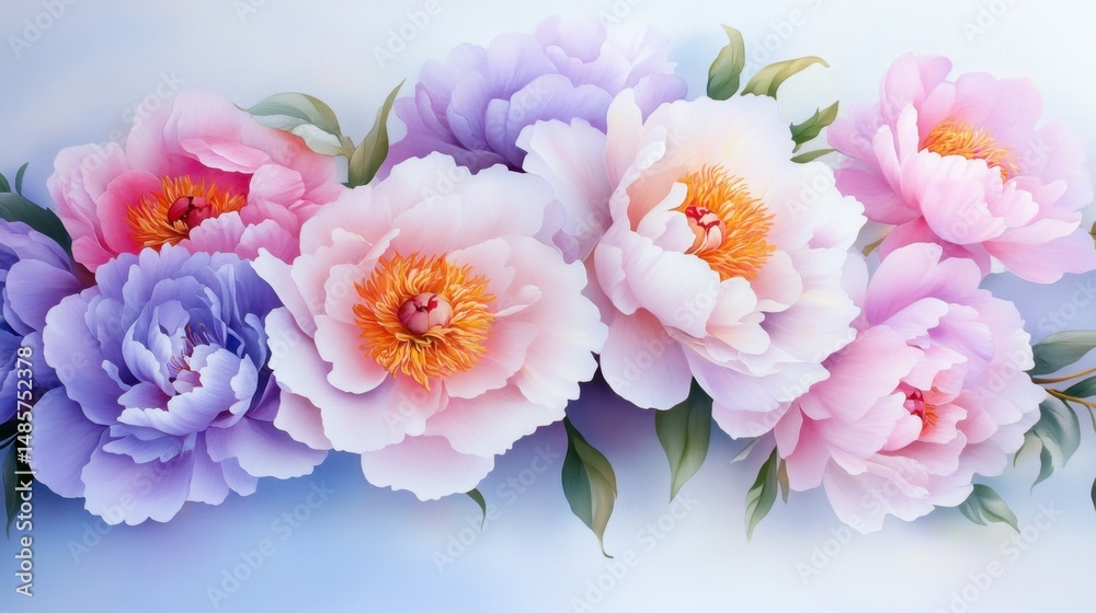 Fototapeta premium Soft floral composition featuring peony flowers in full bloom with pastel elegance