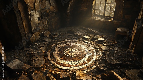 Forgotten relic chamber revealing ancient mosaic beneath sunlit window