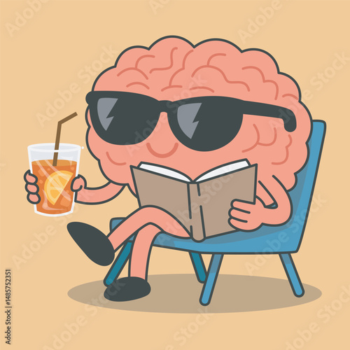 Happy brain character vector relaxing while reading a book and holding a glass of iced lemon tea
