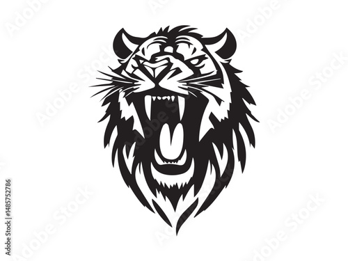 Roaring lion head silhouette isolated on white background. Lion logo design. Vector illustration.  photo