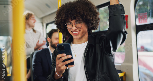 Photography Cellphone, happy and man on bus online for checking university exam results on mobile app with travel