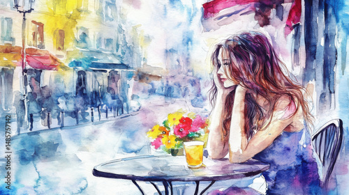 A dreamy watercolor scene of a young woman lost in thought at a café table, surrounded by vibrant flowers.