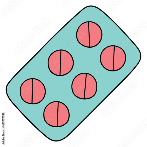 Hand drawn cartoon blister with medical pills on white background.