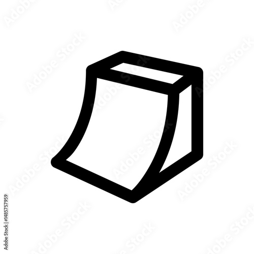 A simple black outline drawing of a quarter pipe skate ramp with a curved transition and blocky design