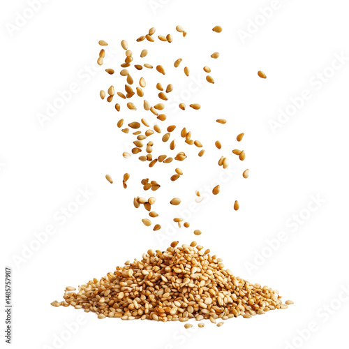 A handful of toasted sesame seeds falling in mid-air, sharp on white background