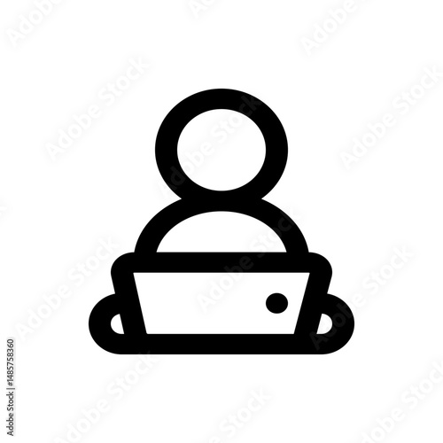 Illustration of a person with a round head and shoulders sitting at a laptop with a dot on the screen