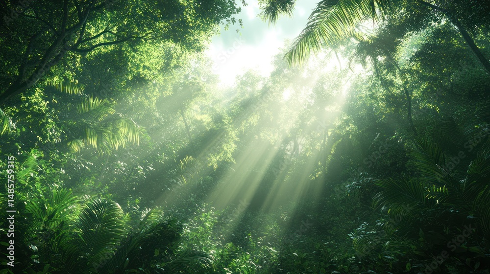 Fototapeta premium Sunlight streams through lush jungle canopy. Potential stock photo use
