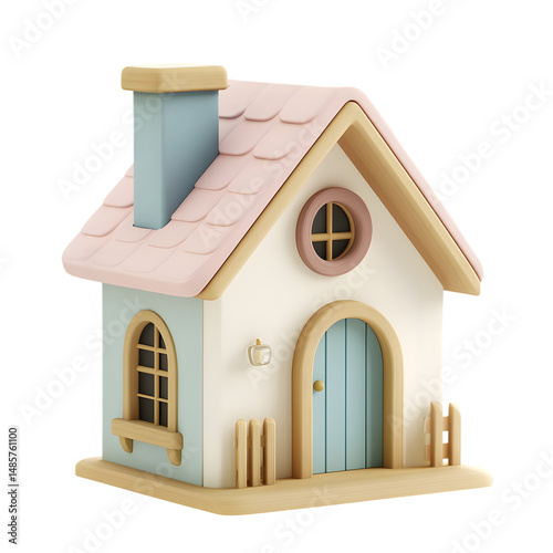 Digitally rendered, whimsical cottage model, featuring pastel shades of pink and light blue, showcasing a charming design in a tiny home representation.