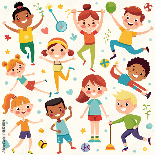 Diverse children engaged in various playful activities, showcasing joyful expressions and dynamic poses