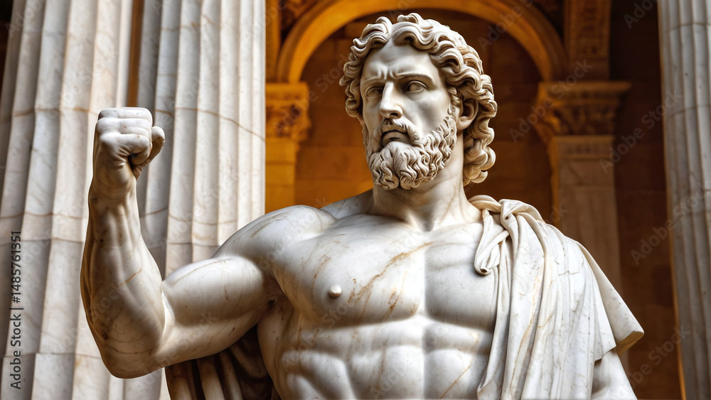 Obraz premium Mythical Marble Bust in Front of Stone Architecture