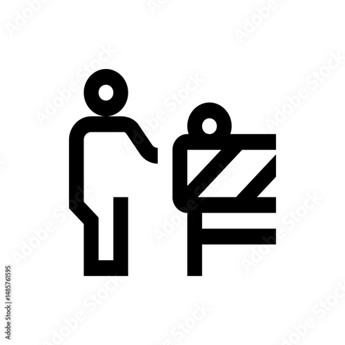 A stylized icon depicting a person standing next to a barrier or structure with a geometric design on it