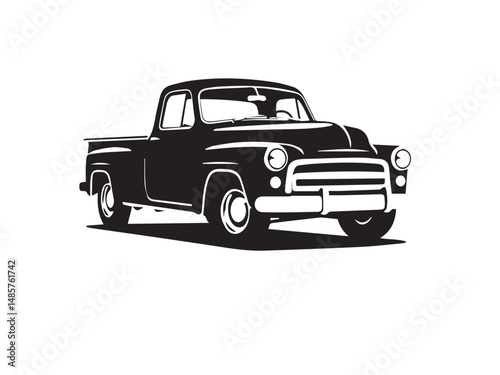 Silhouette of old pickup truck. Black silhouette of a pickup truck isolated on white background. Vector silhouette.	
