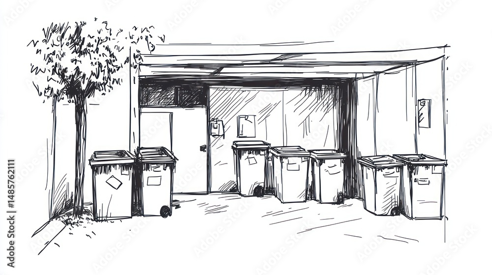 Fototapeta premium Sketch of urban street scene with garbage cans
