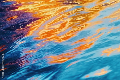 colorful water surface reflecting orange and blue light with gentle ripples creating an abstract and vibrant pattern