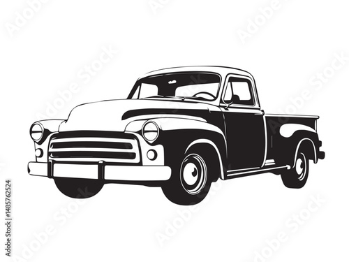 Silhouette of old pickup truck. Black silhouette of a pickup truck isolated on white background. Vector silhouette.	
