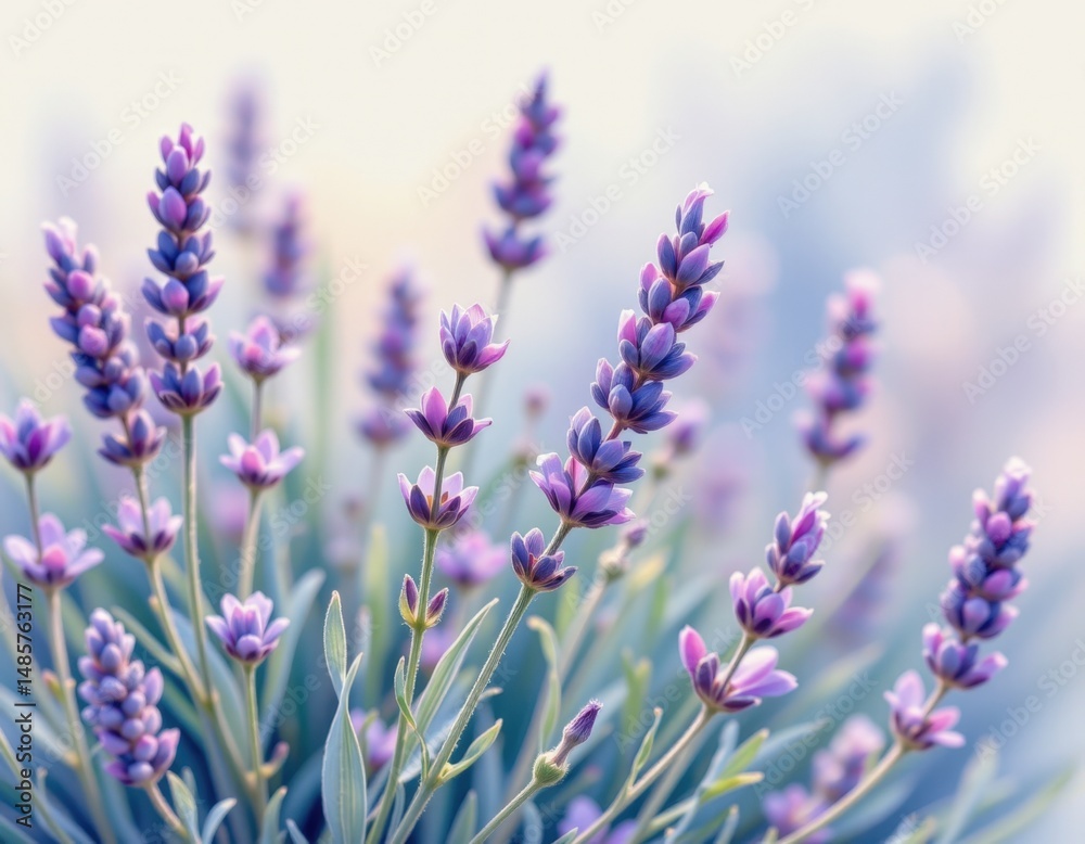 Obraz premium a soft focus watercolor view of lavender sprigs, in a delicate watercolor style, with lilac and dusty blue shades, on textured paper, airy washes, diffused contours, serene feel, vertical composition
