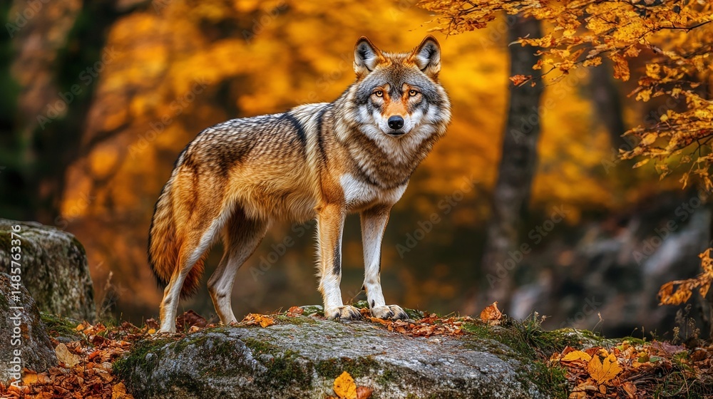 Obraz premium Majestic wolf standing proud amidst autumn foliage.