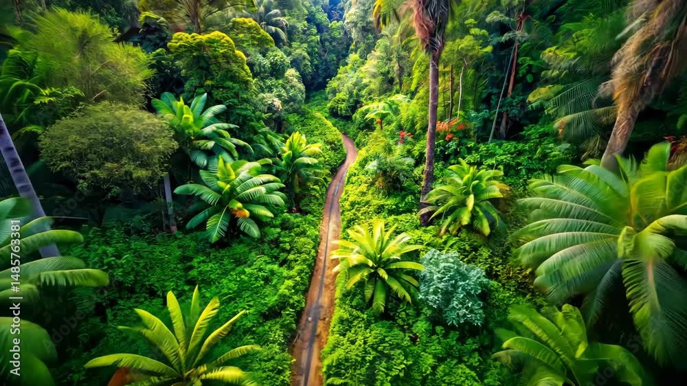 Aerial view of a lush green tropical forest with a winding path