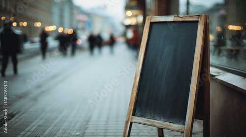blank black chalkboard menu standing outside of cozy restaurant entrance, on sidewalk with blurred city background