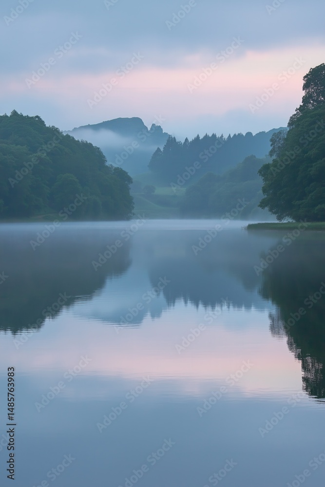 Serene misty lake surrounded by forested hills under a soft pastel sky at dawn
Serene misty lake surrounded by forested hills under a soft pastel sky at dawn
