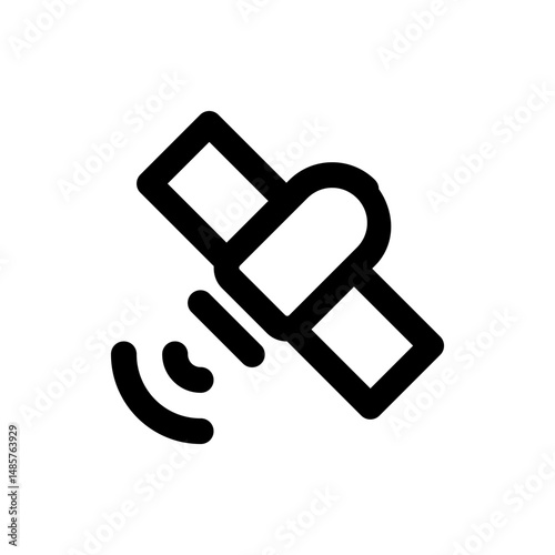 Illustration of a satellite with panels and signal waves in black outline on a white background view from front