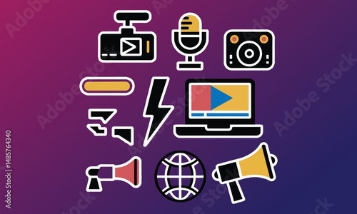Video player icon set. Containing play or start button, pause or stop, media, camera, live, cinema, multimedia, film, handycam, clapperboard, movie, streaming or online video. Vector illustration