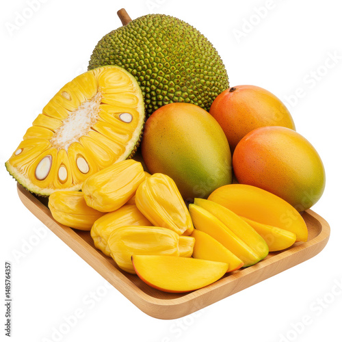 A vibrant assortment of tropical fruits including jackfruit and mangoes on a wooden tray