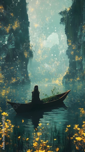 Serene Solitude: A solitary figure navigates a small boat on tranquil waters framed by towering rock formations.