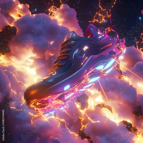 Futuristic Shoe Soaring Through the Cosmos: A sleek, cutting-edge athletic shoe floats amidst vibrant clouds, framed by celestial light and energy, representing innovation and limitless potential.
