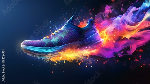 Dynamic Run: A vibrant depiction of athletic footwear, bursting with an energetic, colorful trail of flame, highlighting the speed and movement associated with running and fitness.