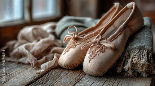 Ballet shoes resting on a wooden floor with soft fabric nearby, evoking grace and quiet preparation.