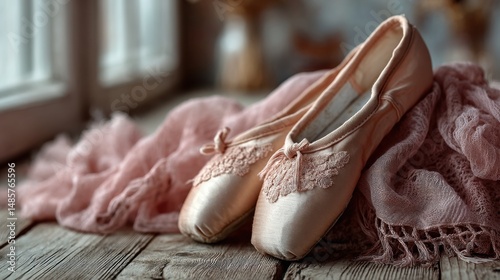 Ballet shoes resting on a wooden floor with soft fabric nearby, evoking grace and quiet preparation.