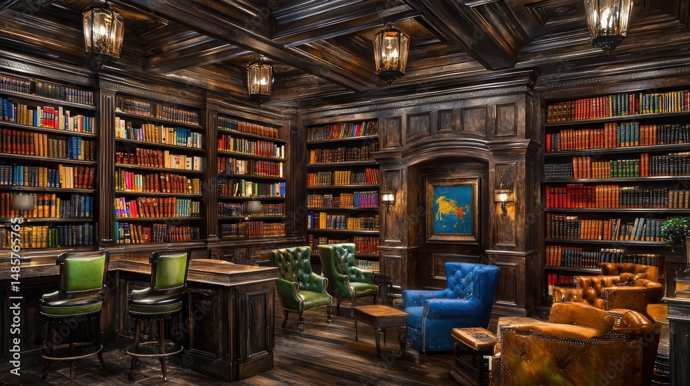 Luxurious, dimly lit library with antique furnishings. Luxurious, dimly lit library with antique furnishings.