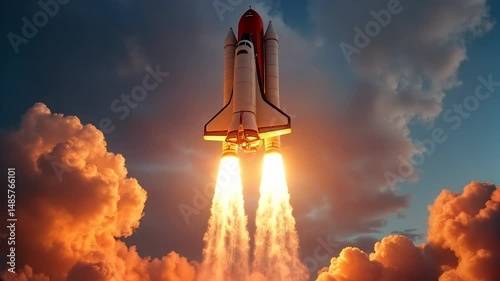 Space shuttle blasting off with powerful rocket boosters creating dramatic orange exhaust clouds. Dynamic aerospace footage capturing the majestic moment of liftoff against blue sky background.