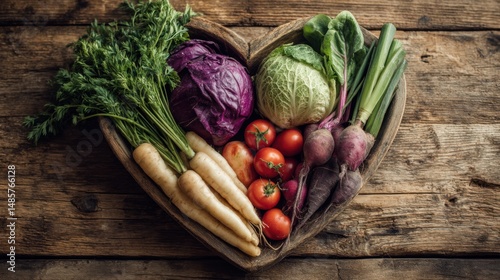 Fresh vegetables arranged in a heart shape on a wooden table, celebrating natural love and wholesome living